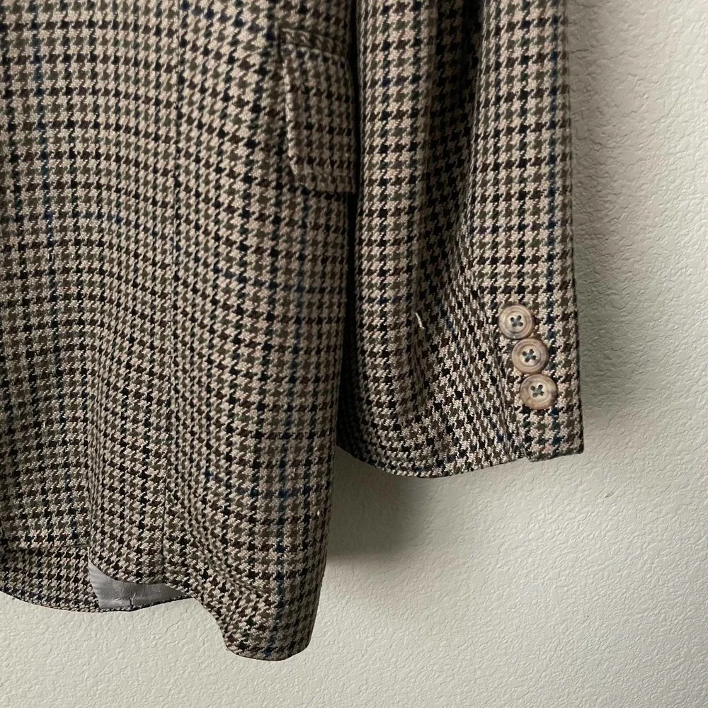 Vintage Hickey Freeman Blazer Mens 42R Tan Blue Houndstooth Sportscoat Union USA